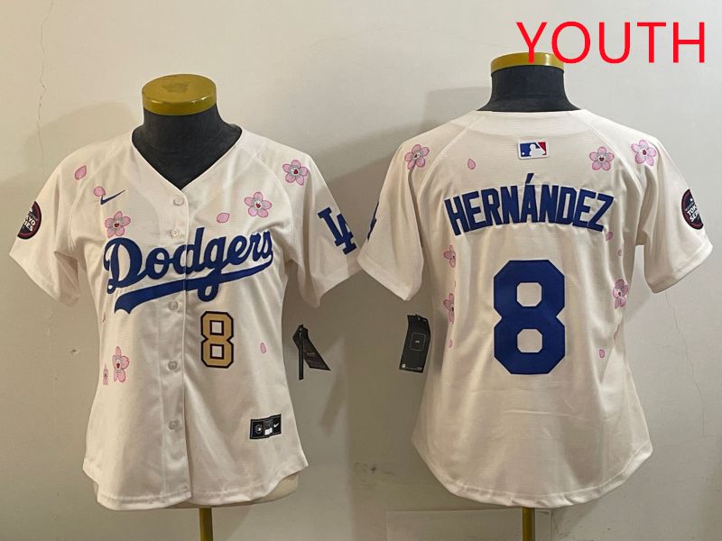 Youth Los Angeles Dodgers #8 Hernandez Cream Sakura Edition 2025 Nike MLB Jersey style 8